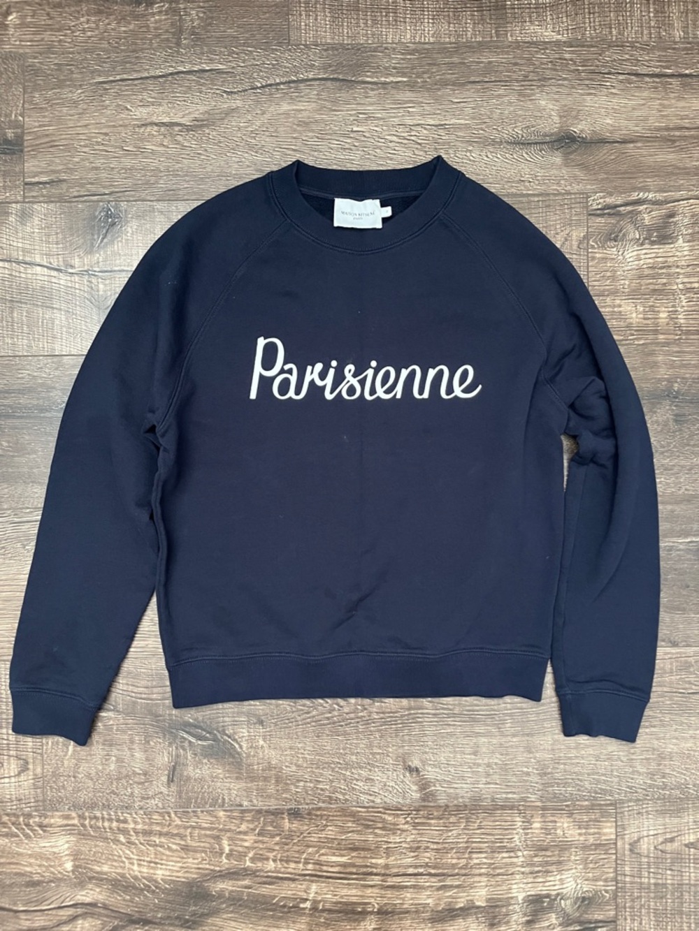 Maison Kitsué Navy Crewneck Sweatshirt with White 'Parisienne'